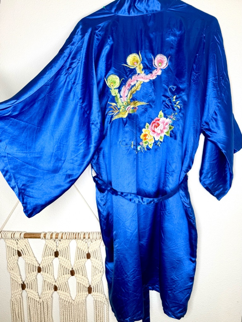 Vtg Chinese Silk Robe Royal Blue Double Peach Floral Embroidery Kimono Phoenix - Picture 3 of 11